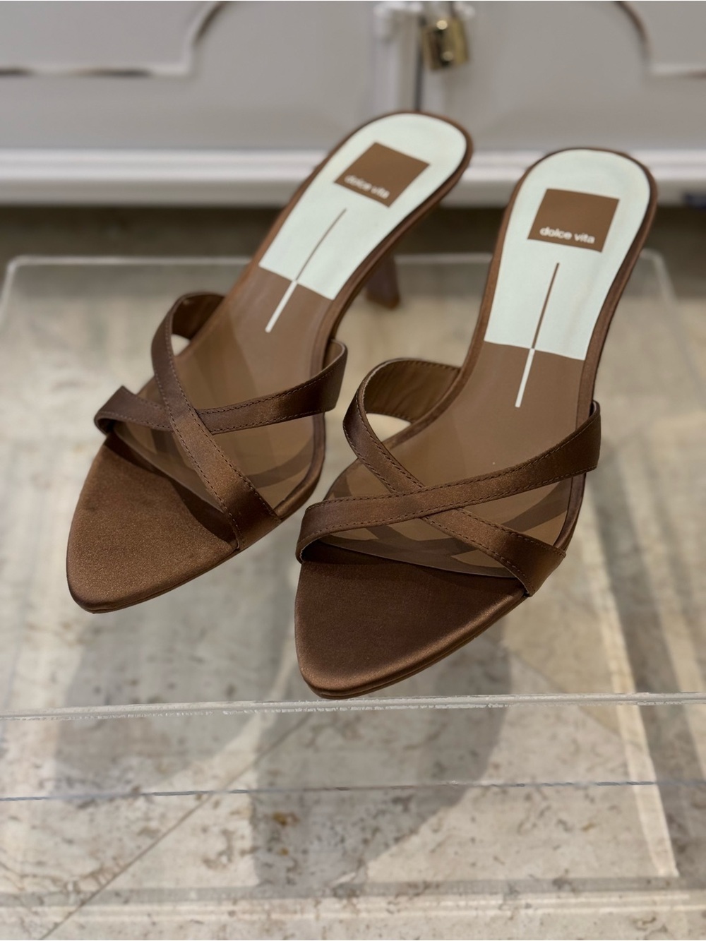 Dolce Vita Chocolate Brown Satin Crisscross Mule Heels
